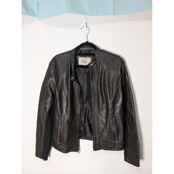 G.H. Bass Faux Leather Moto Jacket Women's L Black Biker Zip Quilted Stretch - Picture 2 of 7